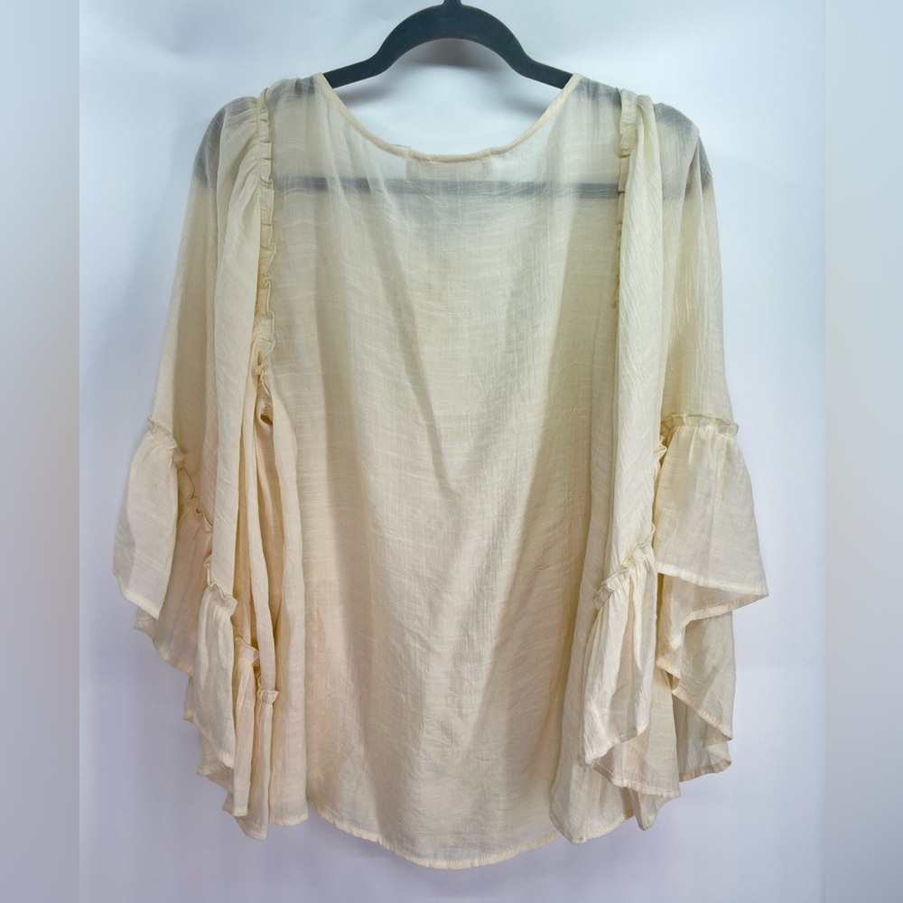 Les Soers Semi Sheer Beige Cream Tie Front Peasant Blouse Bell Sleeves Medium - Picture 5 of 8
